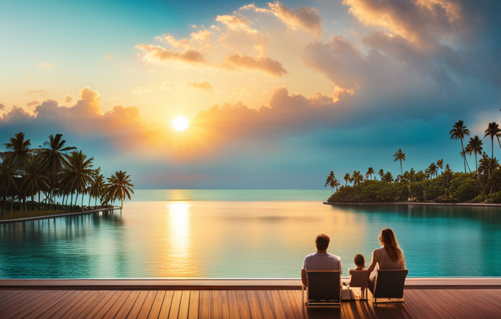 An image of a serene cruise ship sailing through calm turquoise waters, surrounded by palm trees and a golden sunset