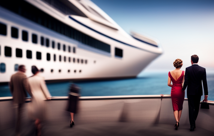 An image showcasing a luxurious cruise ship on a pristine coastline, with a line of excited passengers, adorned in elegant attire, eagerly waiting to check in at the glamorous Celebrity Cruise terminal