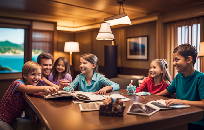 An image showcasing a family happily gathered around a cozy cabin desk, surrounded by vibrant brochures displaying enchanting destinations like turquoise waters, tropical jungles, and historical landmarks, symbolizing the excitement of booking Disney Cruise excursions