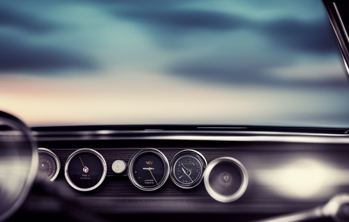 An image showcasing a vintage car dashboard from the 1960s, with a speedometer and a sleek, newly introduced cruise control button prominently displayed