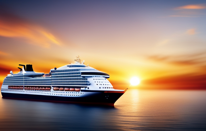 An image of a majestic cruise ship sailing under a vibrant sunset, with a calendar icon hovering above