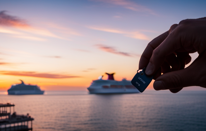 An image showcasing a picturesque view of a majestic Carnival Cruise ship at dusk, with a smiling crew member handing over a room key to a delighted passenger, capturing the anticipation of the moment