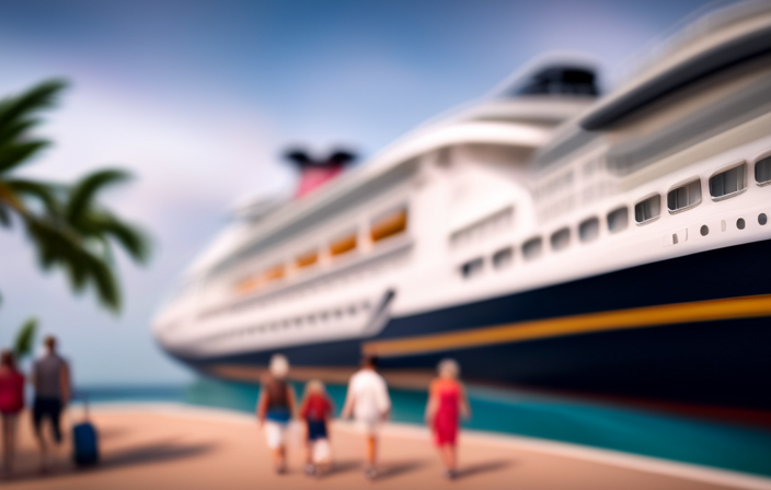 An image showcasing a picturesque Disney cruise ship docked at a tropical port, with families happily disembarking, clutching their wallets, as they eagerly prepare to pay for exciting excursions and adventures