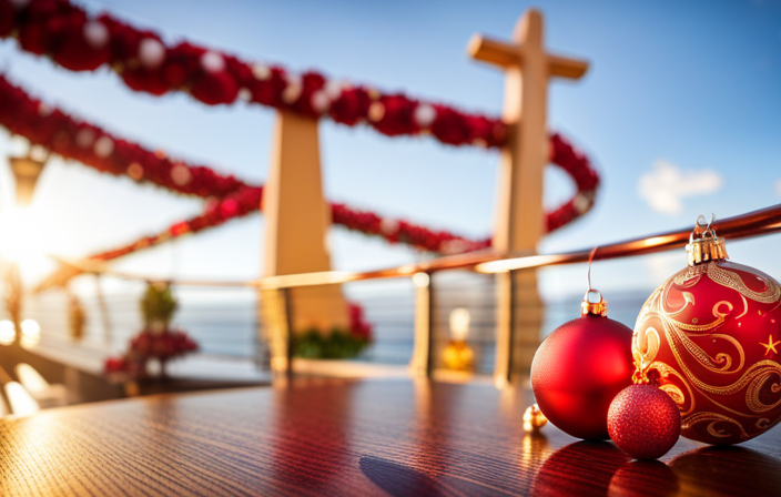 An image depicting a sun-soaked deck of a Carnival cruise ship, adorned with vibrant Christmas decorations