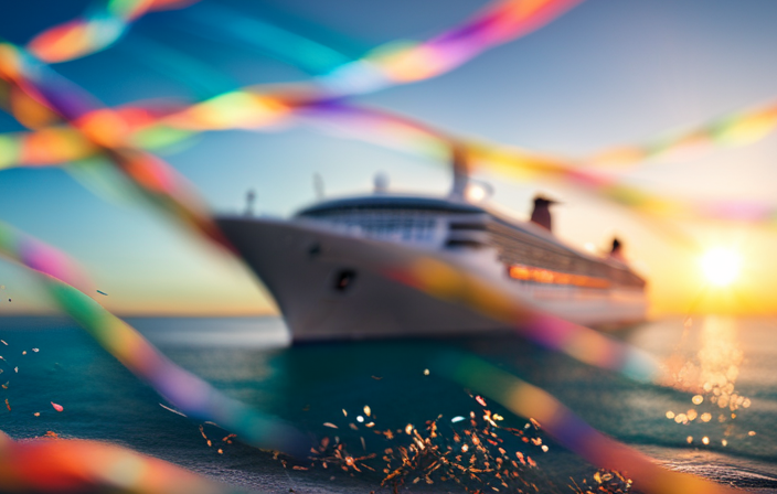 An image depicting a majestic cruise ship sailing through sparkling turquoise waters, adorned with vibrant streamers and confetti, as a joyous crowd on deck revels in vibrant costumes, music, and dancing under a radiant sunset sky