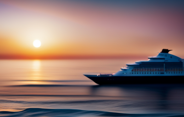 An image showcasing a vibrant sunset on a serene coastline, where a luxurious cruise ship gracefully sails into the horizon