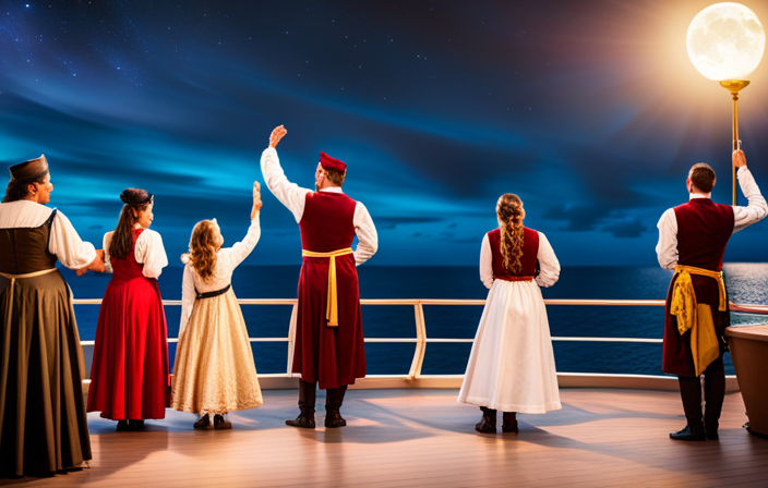 An image showcasing a starry night on a Disney cruise ship's deck, with families in pirate costumes gathering for a lively outdoor party