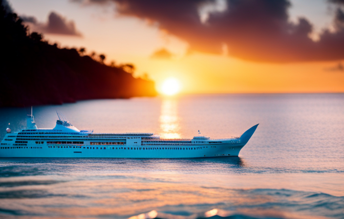 An image showcasing a vibrant sunset over crystalline turquoise waters of the Bahamas, with a luxurious cruise ship gliding through the calm waves, conveying the allure of a perfect cruising experience