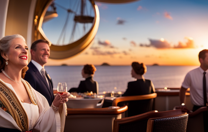 An image capturing the vibrant ambiance of a Carnival Cruise ship's dining hall at sunset, with elegantly dressed passengers enjoying a sumptuous feast