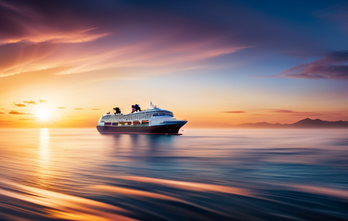 An image showcasing a serene ocean backdrop with a Disney cruise ship gliding through calm waters, surrounded by a vibrant sunset sky