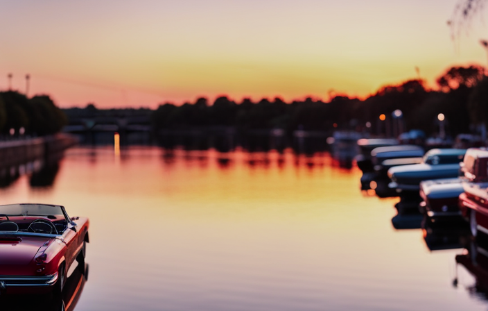 An image showcasing a vibrant sunset over a scenic riverside, with classic cars lining the road alongside a lively crowd