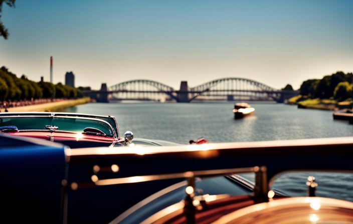 An image capturing the vibrant atmosphere of the Downriver Cruise: a dazzling parade of classic cars cruising along the riverbank, accompanied by cheerful onlookers enjoying the summer sun and delighting in the nostalgic beauty of the event