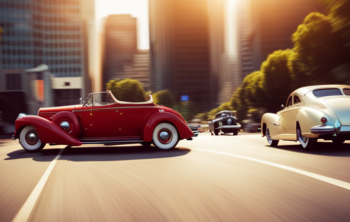 An image that captures the essence of the Dream Cruise: a sun-kissed horizon, adorned with a vibrant parade of classic cars, gleaming under the golden rays of a summer afternoon, as a gentle breeze carries the unmistakable hum of engines and joyous laughter