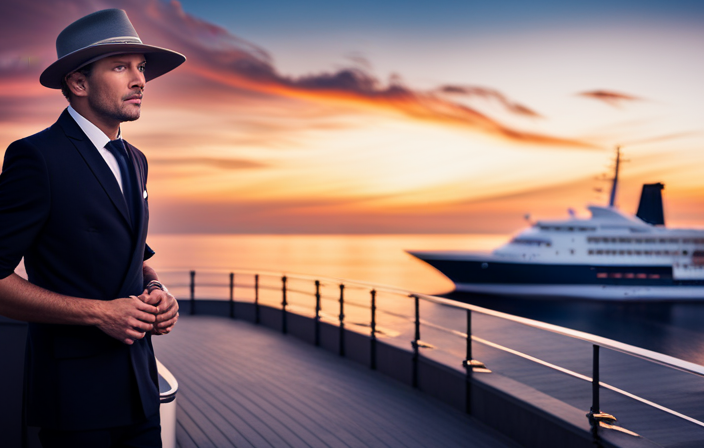 An image showcasing a vibrant sunset over a calm ocean, with a luxurious cruise ship adorned in Larry's Country Diner branding, evoking anticipation and excitement for the upcoming cruise
