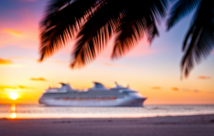 An image showcasing a sun-kissed Caribbean beach at sunset, adorned with palm trees and a luxurious cruise ship anchored offshore, enticing readers to discover the answer to "When Is The Next Tom Joyner Cruise