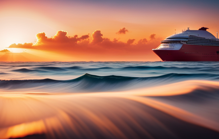 An image showcasing a breathtaking sunset over pristine turquoise waters, with a luxurious cruise ship silhouetted on the horizon