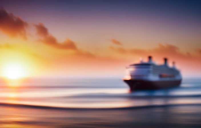 An image capturing the vibrant colors of a sunset reflecting on a serene, crystal-clear ocean, with a grand cruise ship majestically sailing into the horizon, symbolizing the anticipation of the highly-anticipated Telegraph Cruise