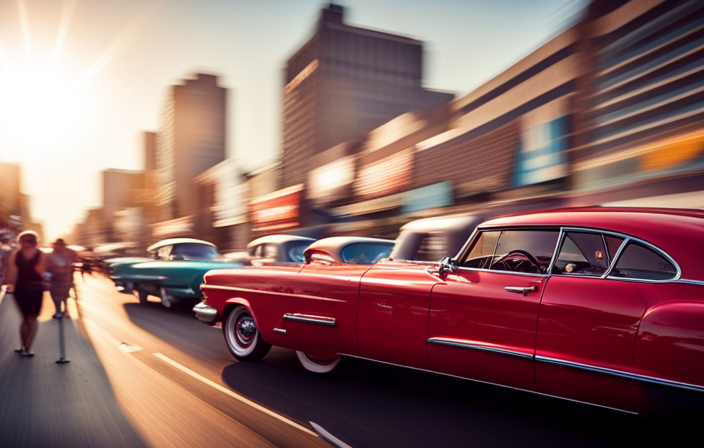 An image showcasing a sun-drenched, bustling Woodward Avenue, adorned with vintage cars of every color and era, as a stream of onlookers eagerly line the streets, eagerly awaiting the highly anticipated Woodward Dream Cruise 2017