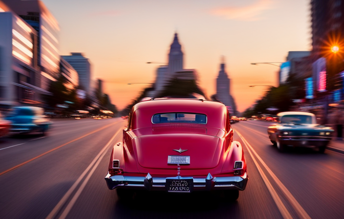 An image showcasing a vibrant sunset casting a warm golden glow over a bustling Woodward Avenue, adorned with classic cars of all eras parading under a canopy of trees, inviting readers to discover the dates for the Woodward Dream Cruise 2022