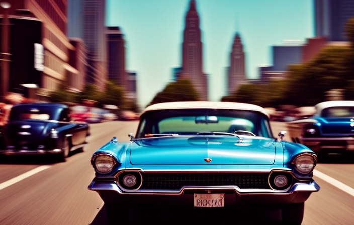 An image capturing a vibrant, sun-soaked street lined with classic cars of various makes and models