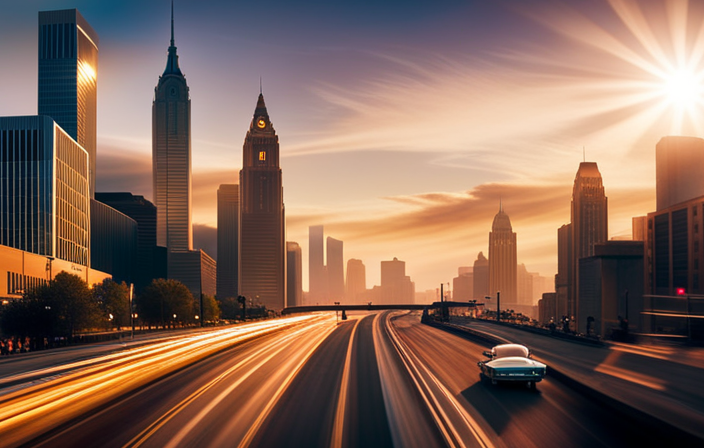 An image showcasing a sun-kissed skyline of Detroit, adorned with colorful classic cars parading down Woodward Avenue, as enthusiastic spectators line the streets, eagerly anticipating the date for Woodward Cruise 2022