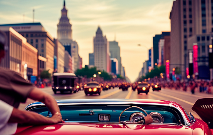 An image that captures the vibrant essence of the Woodward Dream Cruise, showcasing a flurry of iconic classic cars adorning the renowned avenue, enveloped in a kaleidoscope of colors, as excited spectators line the streets, basking in the electrifying atmosphere
