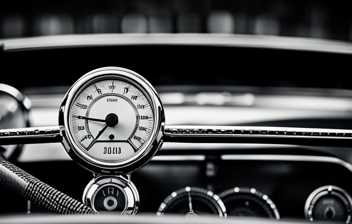 An image showcasing a vintage car interior, with a sleek dashboard displaying an illuminated speedometer and a prominently placed cruise control switch