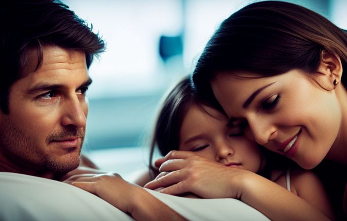 An image that captures the essence of Suri Cruise's birth, showcasing a tender moment between Tom Cruise and Katie Holmes, surrounded by a warm hospital ambiance, with a gentle glow illuminating their faces