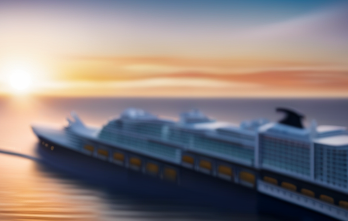 An image showcasing a serene sunset horizon, with a majestic Disney cruise ship sailing on crystal-clear waters