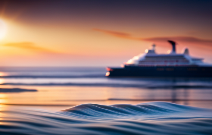 An image depicting a serene ocean sunset, with a cruise ship on the horizon, bathed in soft golden light