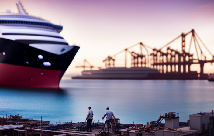An image showcasing a vast shipyard, bustling with activity, as skilled workers meticulously assemble giant steel hulls adorned with the iconic Carnival Cruise Line logo, amidst towering cranes and a backdrop of ocean horizons