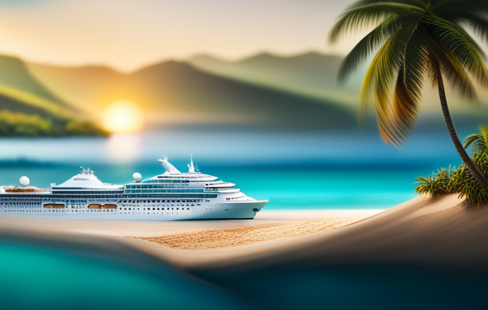 An image showcasing a stunning seascape with a picturesque cruise ship docked at a vibrant, bustling port