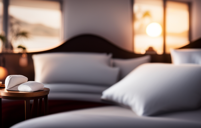An image featuring a cozy bedroom scene with a plush, white comforter adorned with the iconic Carnival Cruise logo