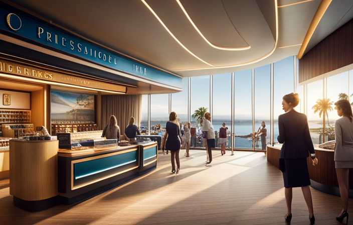 An image showcasing a vibrant, bustling cruise terminal adorned with Princess Cruises' iconic logo, featuring a gift shop brimming with shelves of Princess Cruise gift cards, enticingly displayed near the entrance, beckoning potential buyers