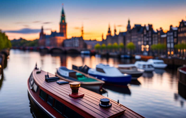An image that showcases a bustling waterfront in Amsterdam, with a picturesque canal lined by historic buildings