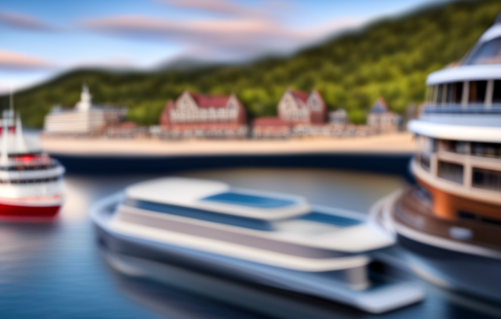 An image showcasing the stunning waterfront of Bar Harbor, Maine, with a bustling cruise ship docked at the picturesque harbor, surrounded by charming New England buildings, majestic mountains, and sparkling blue waters
