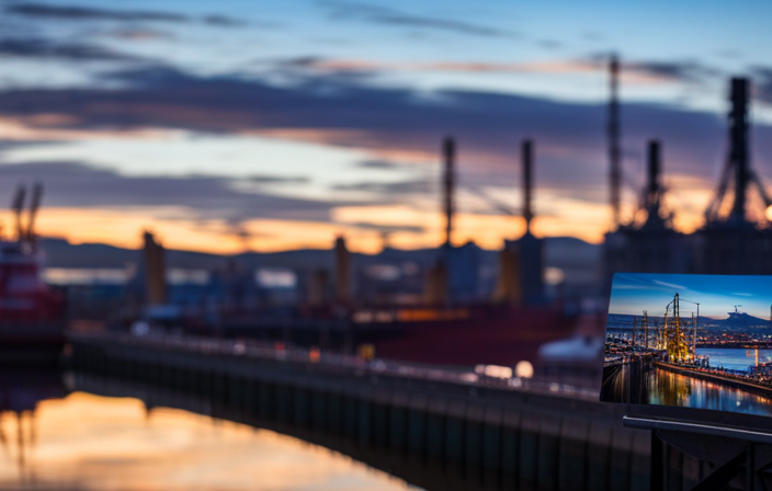 An image showcasing Belfast's bustling port, adorned with towering cranes and a vibrant array of cruise ships majestically docked against a backdrop of the iconic Harland and Wolff shipyard, painting a vivid picture of the city's maritime allure