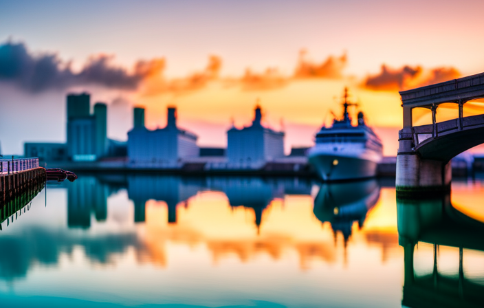 An image showcasing the picturesque Royal Naval Dockyard in Bermuda, with a massive cruise ship majestically docked beside it