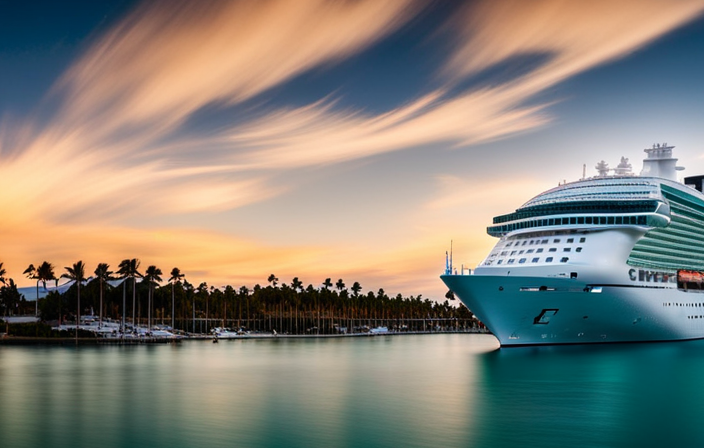 An image capturing the vibrant scene of cruise ships majestically docking at the picturesque harbor of Bimini, nestled between the turquoise waters and the lush greenery, surrounded by swaying palm trees and excited onlookers