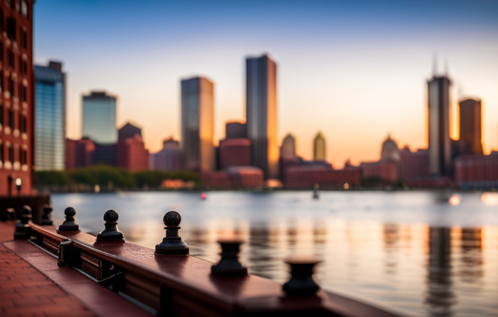 An image showcasing a bustling waterfront scene in Boston, capturing the iconic backdrop of historic red-brick buildings and the picturesque Harborwalk