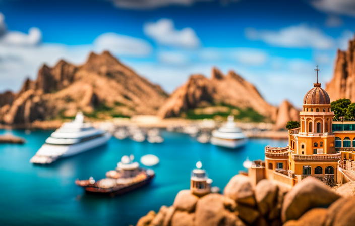 An image showcasing the picturesque marina of Cabo San Lucas, with vibrant cruise ships majestically anchored against a backdrop of turquoise waters, nestled between the iconic rock formations and the bustling waterfront promenade