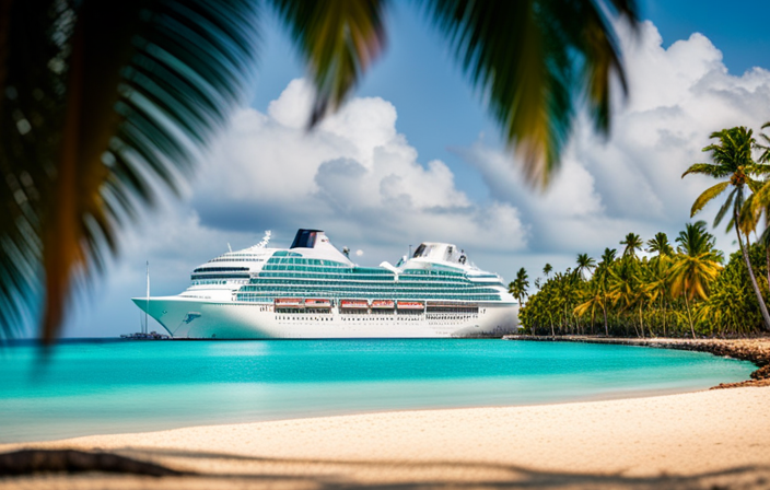 An image showcasing a picturesque coastline embraced by turquoise waters and lush palm trees, with a majestic cruise ship docked at a pristine port in the Dominican Republic