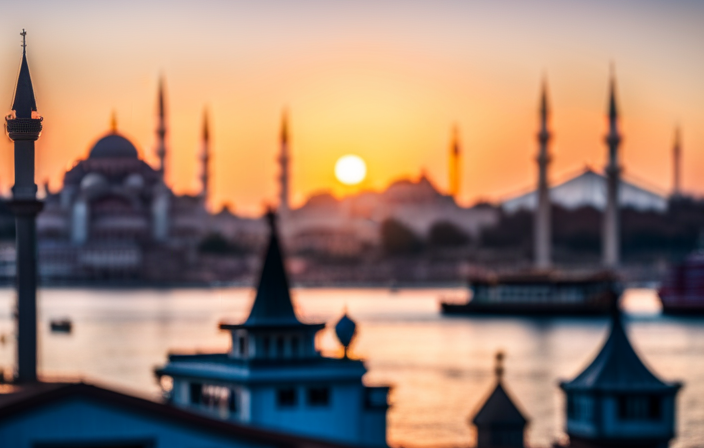 An image depicting the picturesque Istanbul Harbor, adorned with towering minarets and bustling with vibrant cruise ships majestically anchored near the grandiose Sultan Ahmed Mosque, offering a captivating glimpse into where cruise ships dock in Istanbul