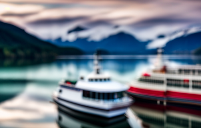 An image capturing the picturesque Juneau waterfront, showcasing towering snow-capped mountains as a backdrop, with vibrant cruise ships majestically moored at the bustling docks