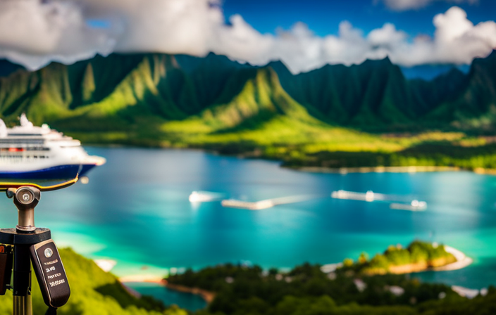 An image showcasing a stunning view of Kauai's Nawiliwili Harbor, with its picturesque cruise ship terminal nestled between lush green mountains and crystal-clear turquoise waters, capturing the essence of where cruise ships dock in Kauai