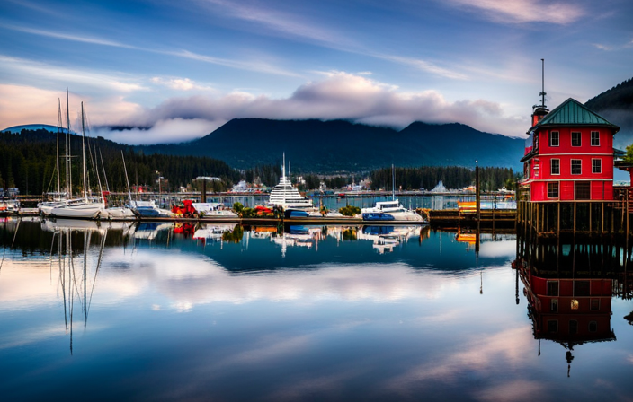 An image showcasing Ketchikan's scenic waterfront, adorned with vibrant cruise ships majestically docked at the picturesque Berth 3, surrounded by lush forests, towering mountains, and a bustling harbor teeming with small boats