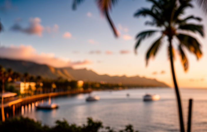 An image capturing the vibrant Lahaina Harbor, adorned with picturesque palm trees and a bustling pier jutting out into the crystal-clear turquoise waters of Maui