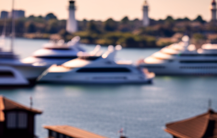An image showcasing the picturesque Newport Harbor, adorned with a vibrant array of docked cruise ships