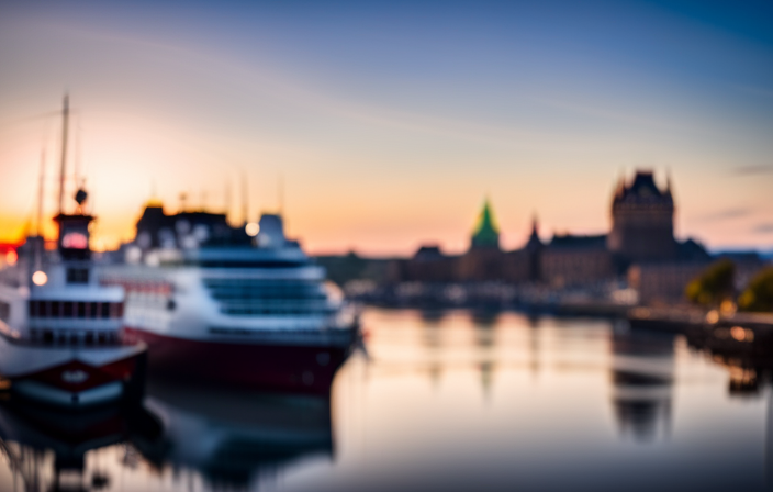 Htaking illustration showcasing Quebec City's bustling harbor: vibrant cruise ships majestically docked along the picturesque Old Port, framed by the iconic Château Frontenac and the historic cobblestone streets