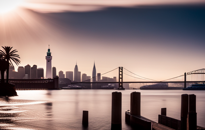 An image showcasing a bustling pier in San Francisco, adorned with iconic palm trees and a magnificent cruise ship towering above